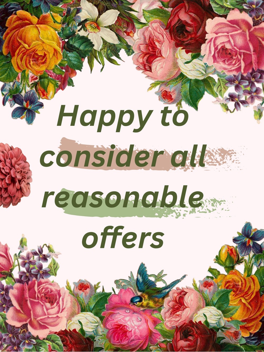 Floral Decorative Print with Script Text - Pink & Green